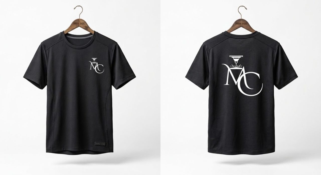 Dasselbe T-Shirt mit aufgedrucktem MC-Gravur-Logo auf Brust und Rücken.